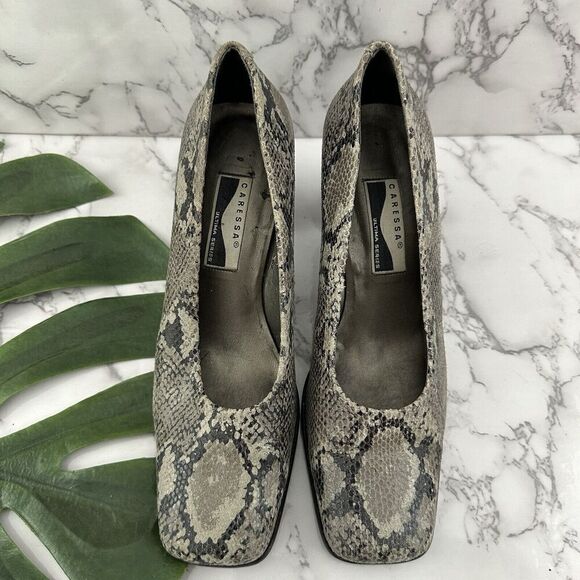 Caressa Womens Vintage Y2k Square Toe Pumps Heels Size 8.5 Gray Snakeskin Block - Picture 2 of 9